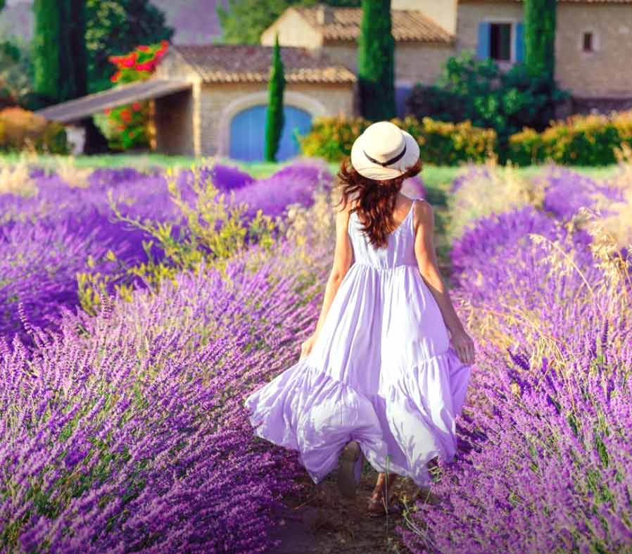 Foto de una chica y un campo de lavanda en la Provenza francesa y en el parque natural del Luberon